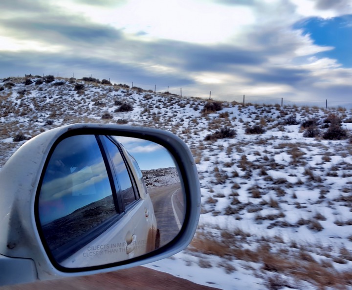 Roadside Blown Snow and Rear View Mirror