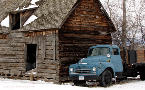 Blue Truck and Old Barn on River Road
